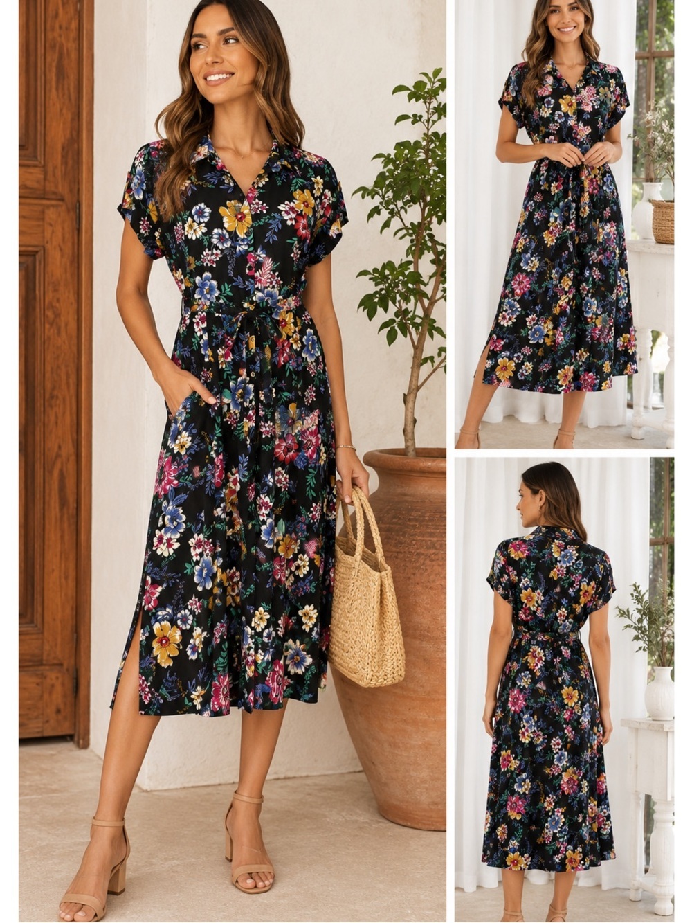 Floral Button-Front Shirt Dress Tie Waist Pockets M 8-10 Time and Tru Colorful